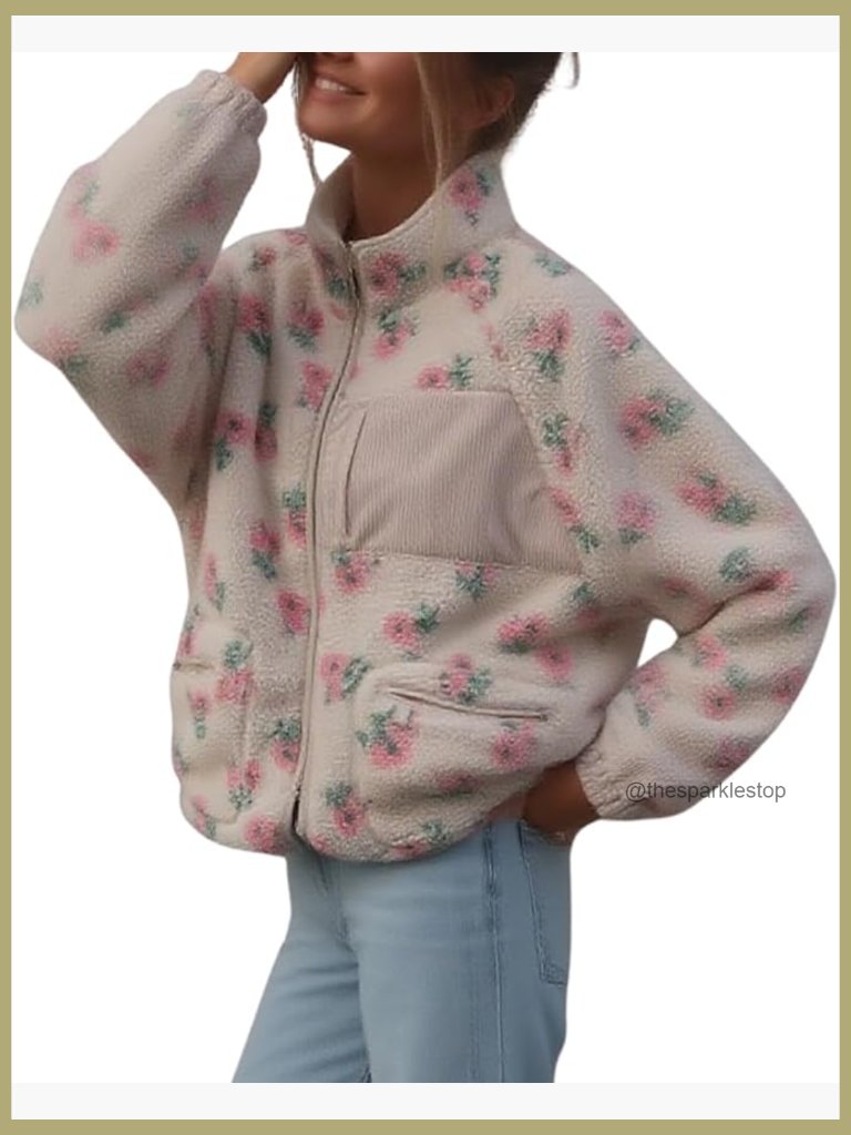 Women's Casual Spliced Floral Fleece Jacket Fall Fuzzy Oversized Faux Fur